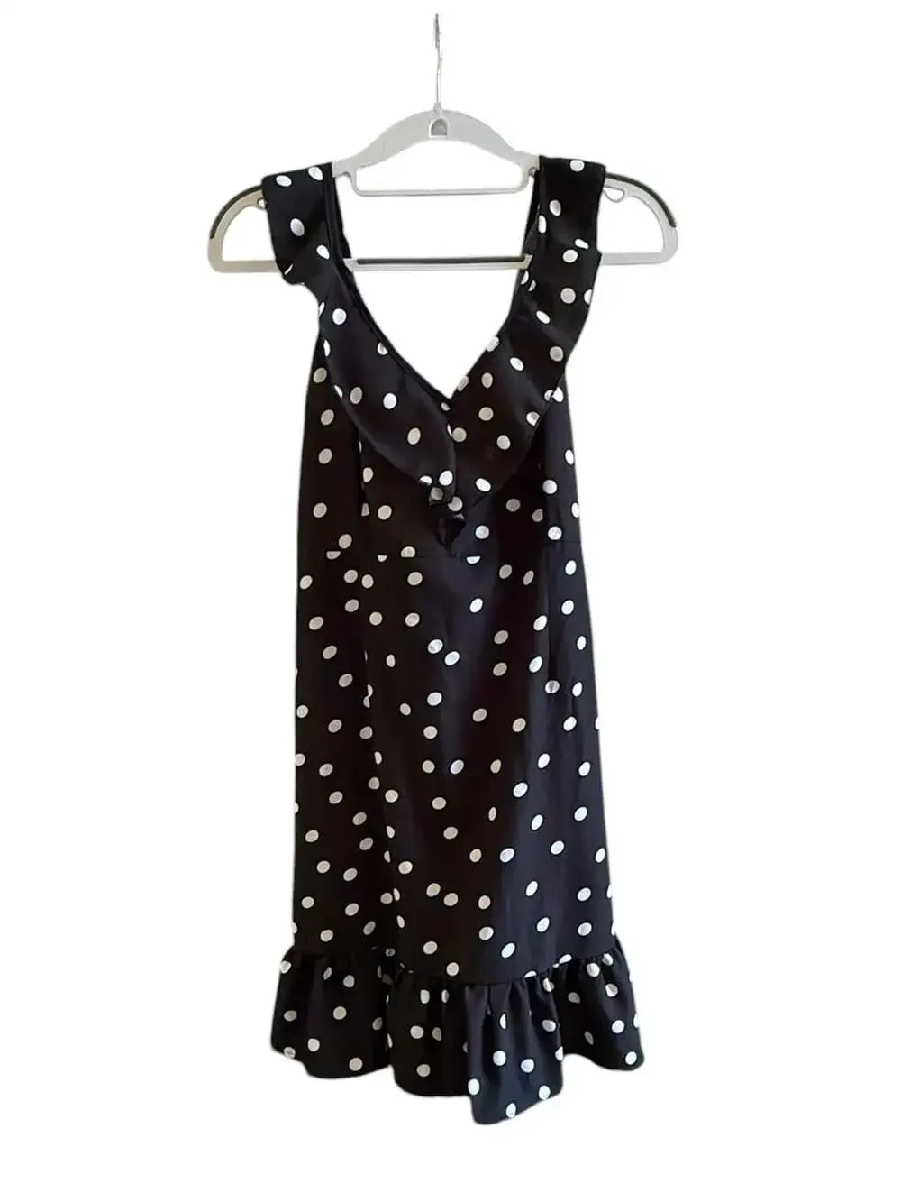 Black and White Polka Dot Ruffle Strap Mini Dress